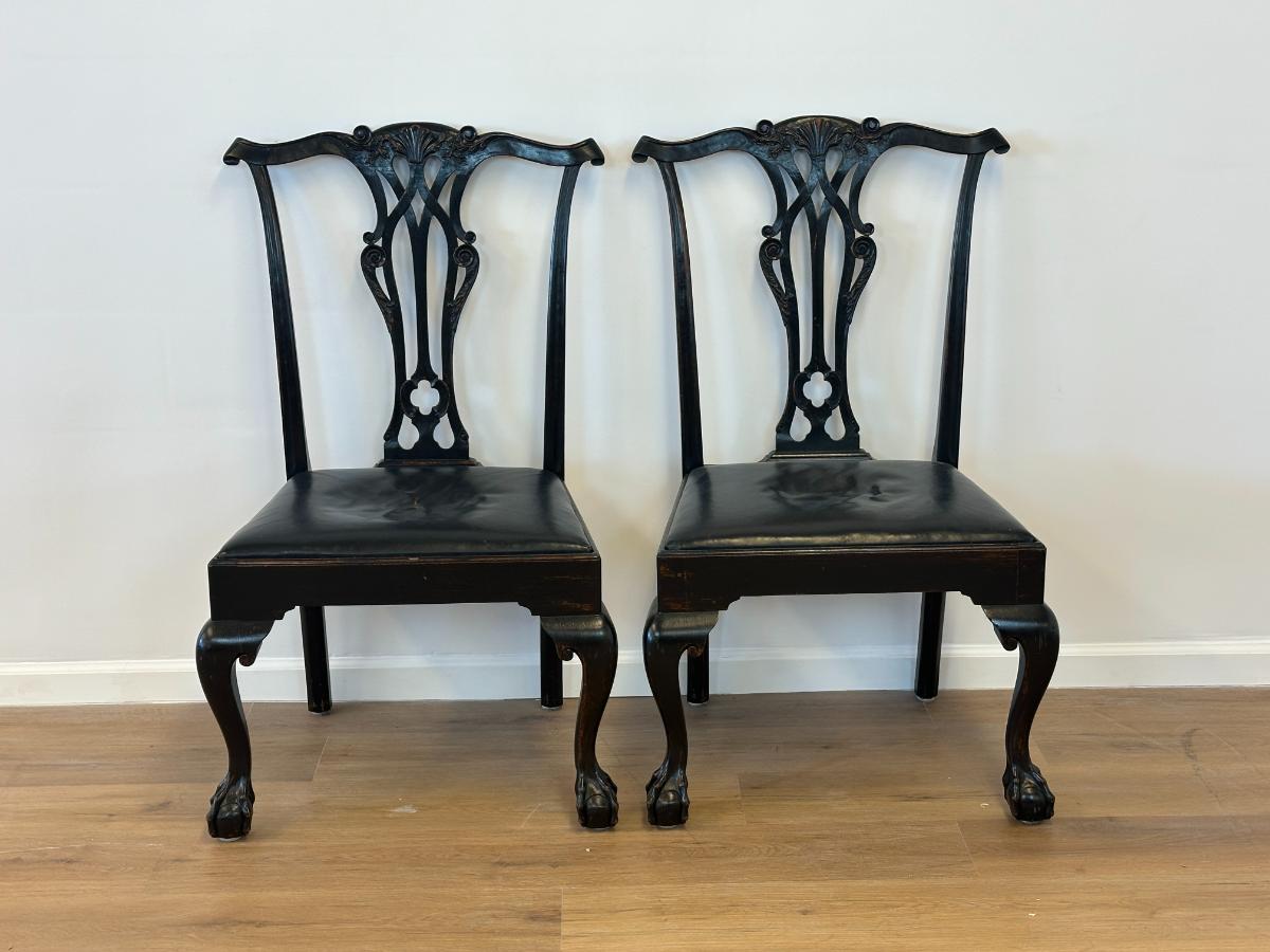 Black Chippendale Side Chairs with Leather Seats, Pair