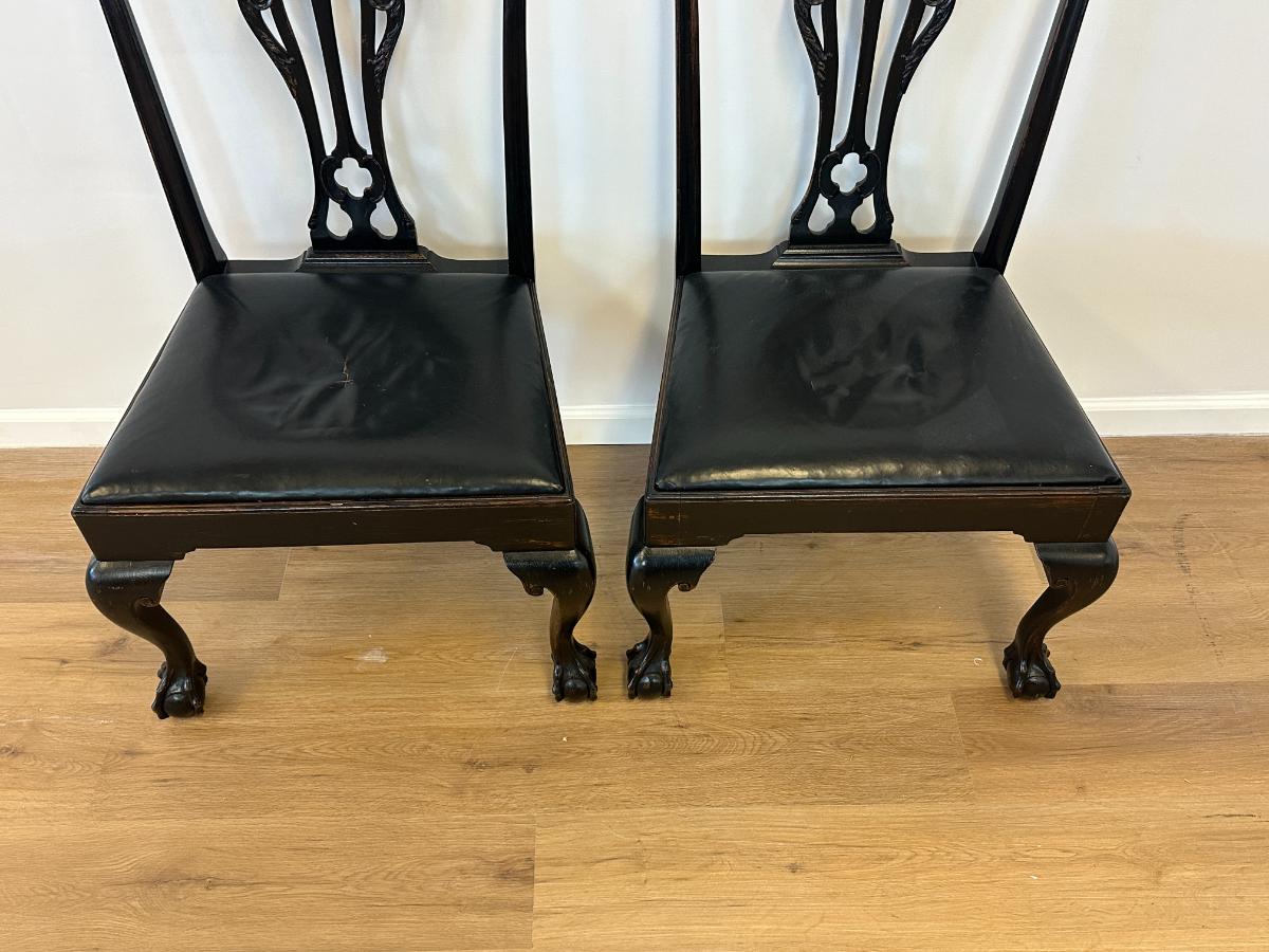 Black Chippendale Side Chairs with Leather Seats, Pair