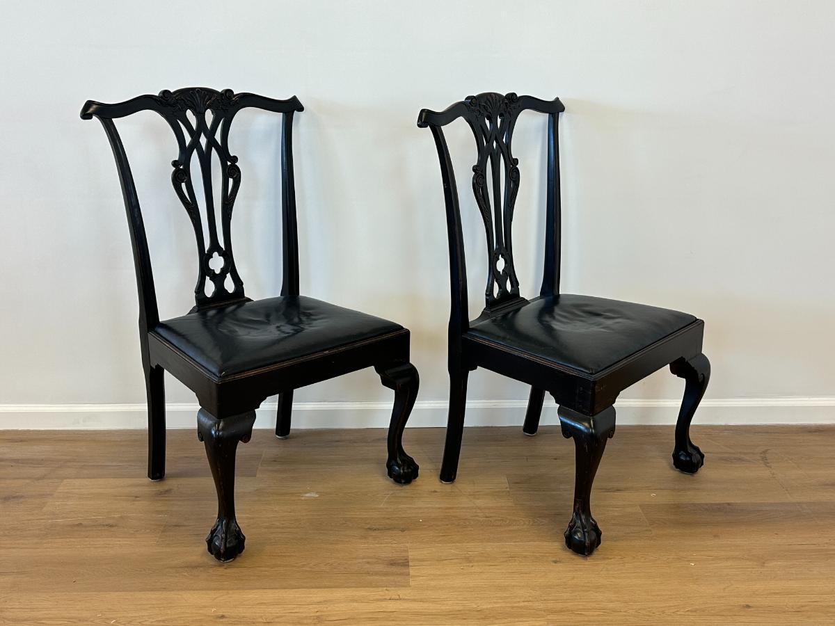 Black Chippendale Side Chairs with Leather Seats, Pair