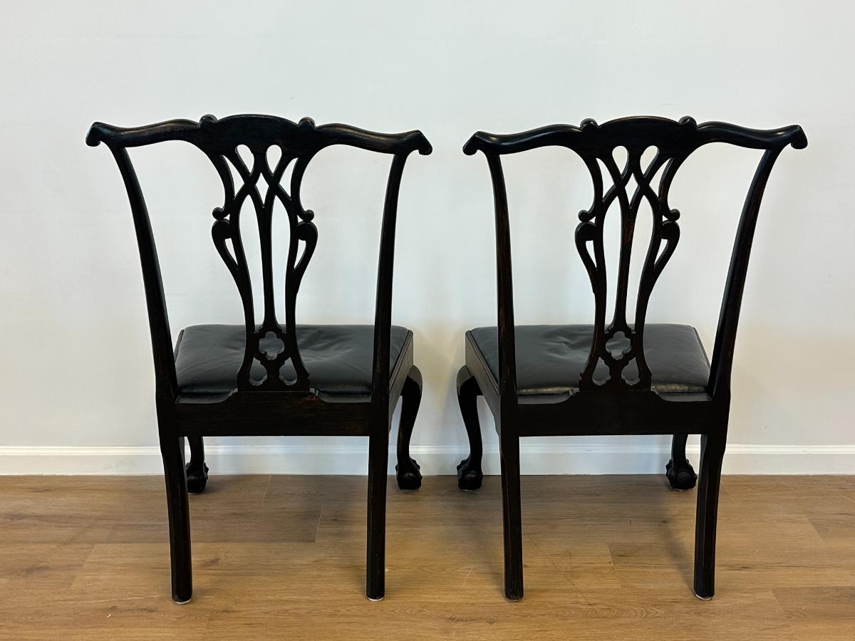 Black Chippendale Side Chairs with Leather Seats, Pair