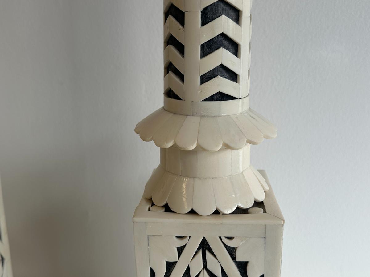 Designer Wood & Bone Table Lamps, Pair