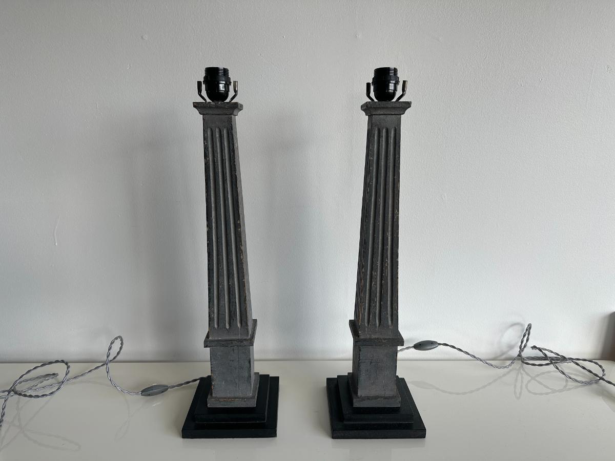 Painted Wood Column Table Lamps, Pair