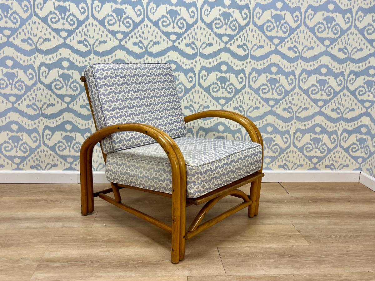 Vintage Rattan Lounge Chair in Sister Parish Clara B