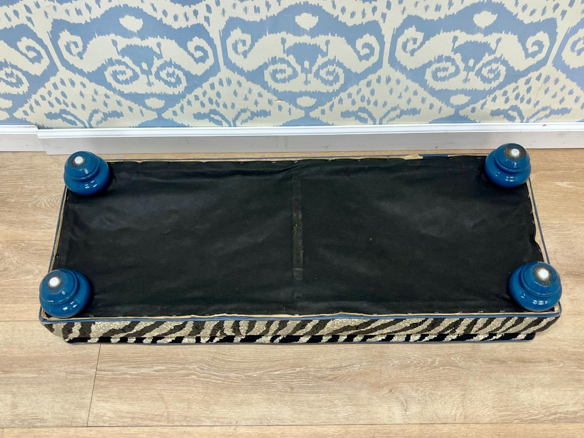 Custom Upholstered Zebra Print Footstool with Lacquer Bun Feet