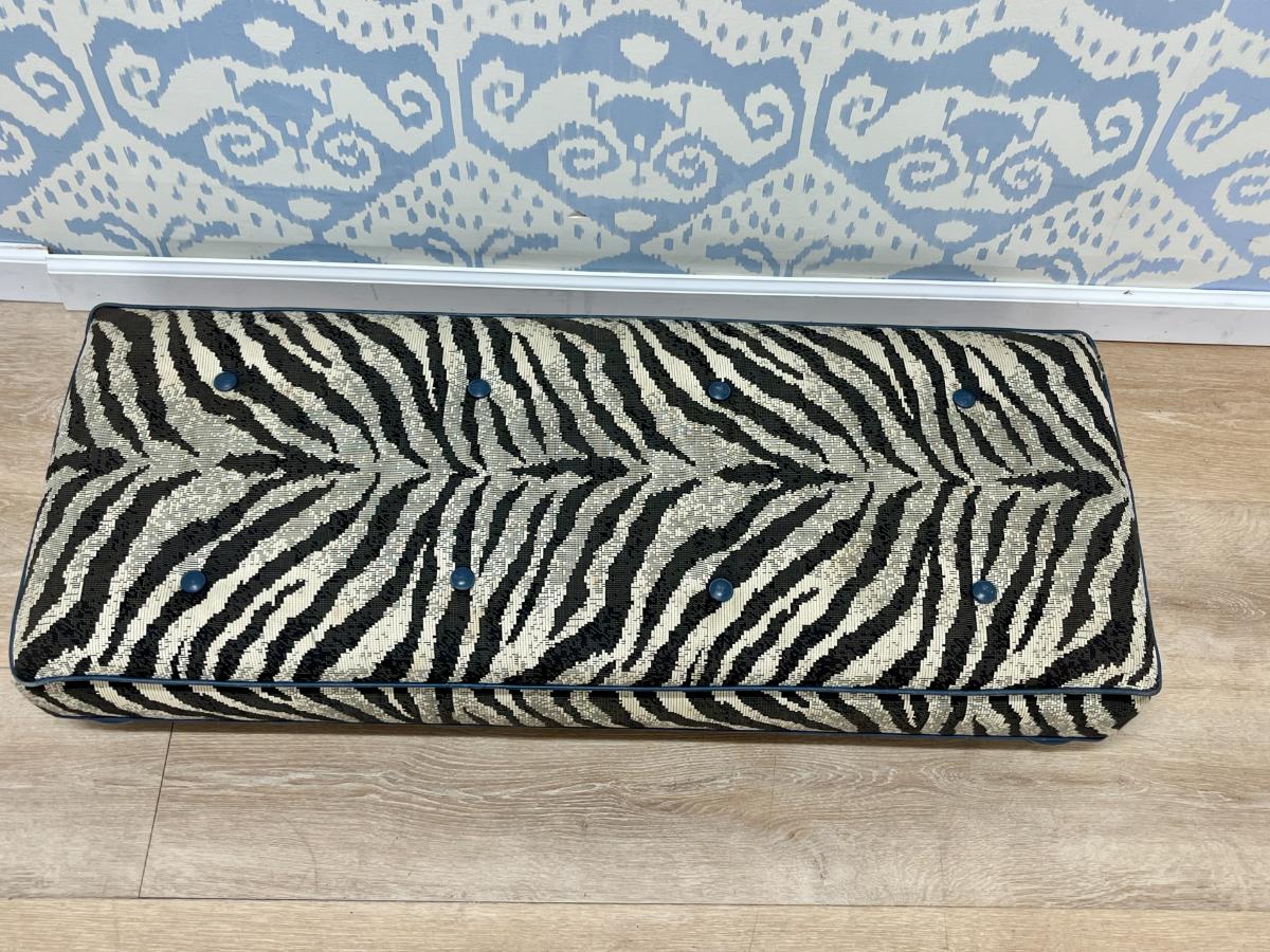 Custom Upholstered Zebra Print Footstool with Lacquer Bun Feet