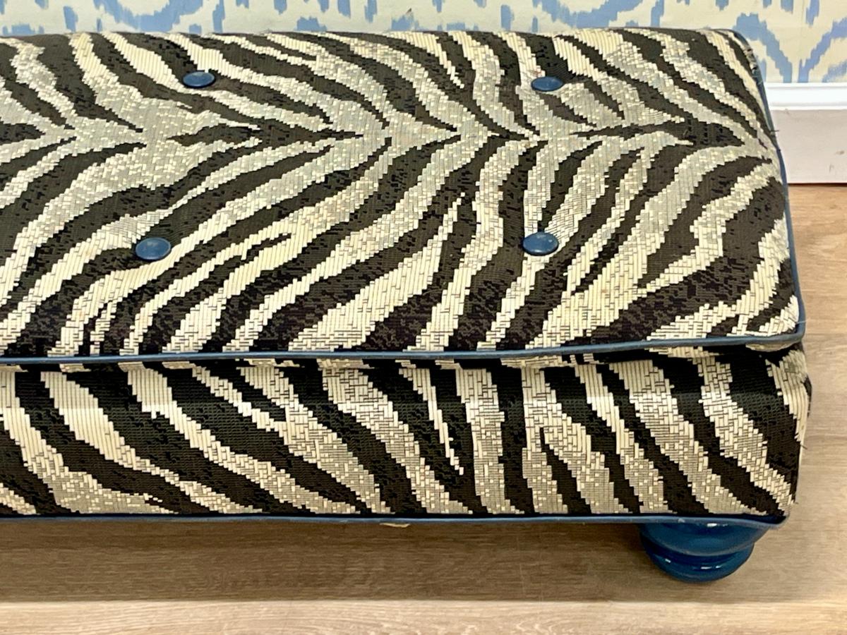 Custom Upholstered Zebra Print Footstool with Lacquer Bun Feet