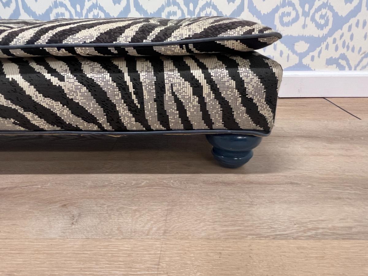 Custom Upholstered Zebra Print Footstool with Lacquer Bun Feet
