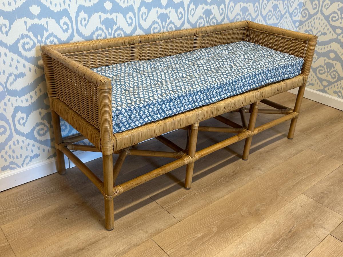 Wicker Bench with Sister Parish French Mattress Cushion