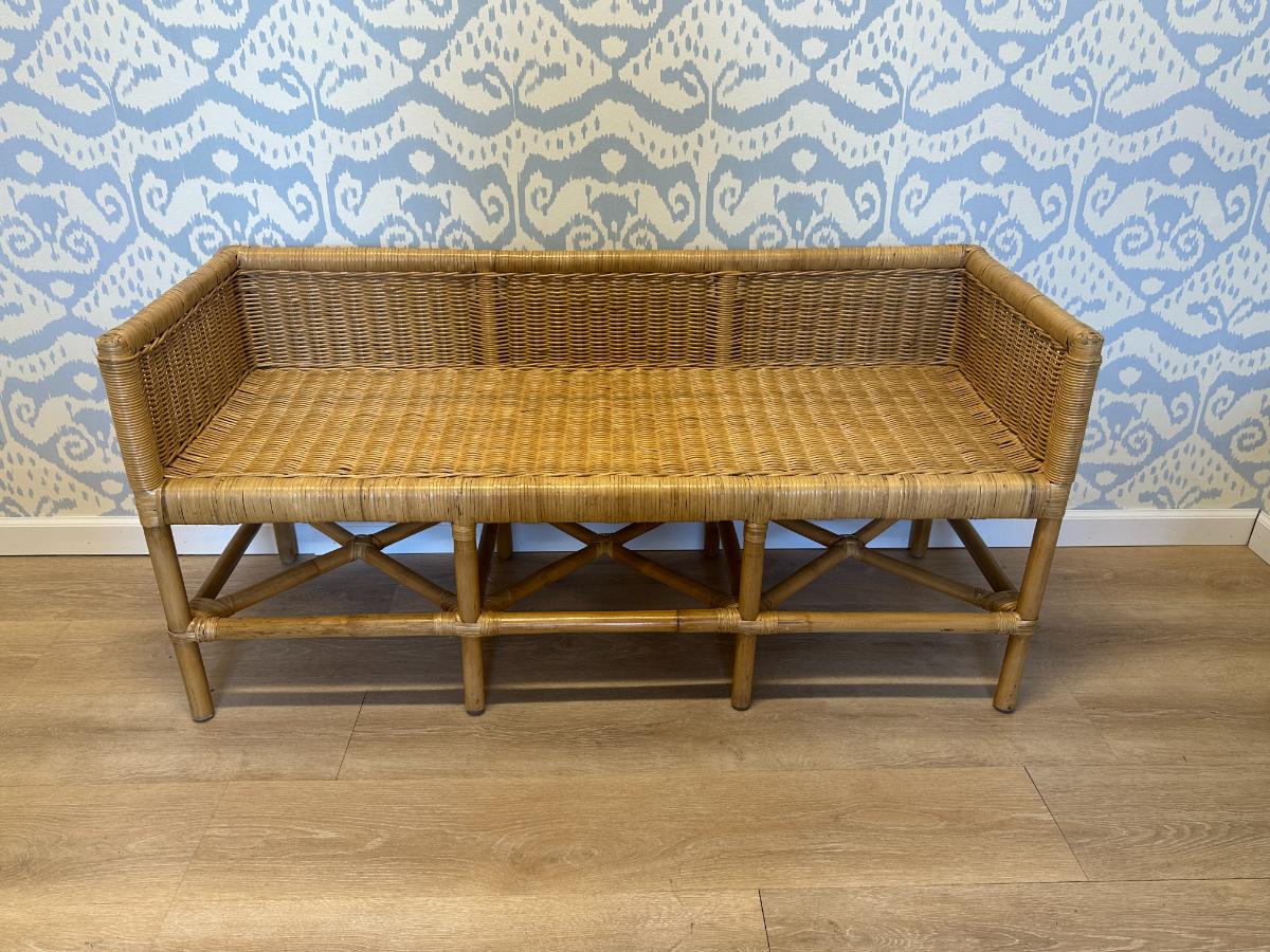 Wicker Bench with Sister Parish French Mattress Cushion
