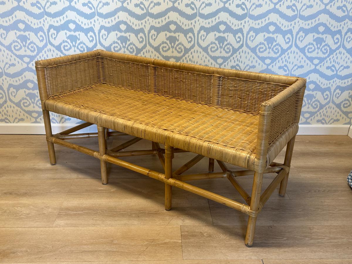 Wicker Bench with Sister Parish French Mattress Cushion