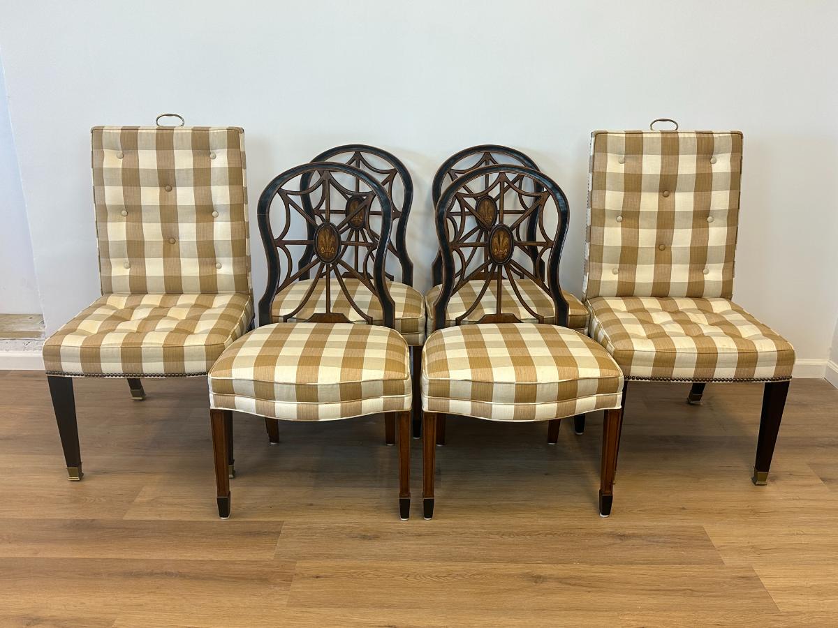 Vintage Wooden Spider Chairs and Upholstered Armchairs in Buffalo Check, Set of 6