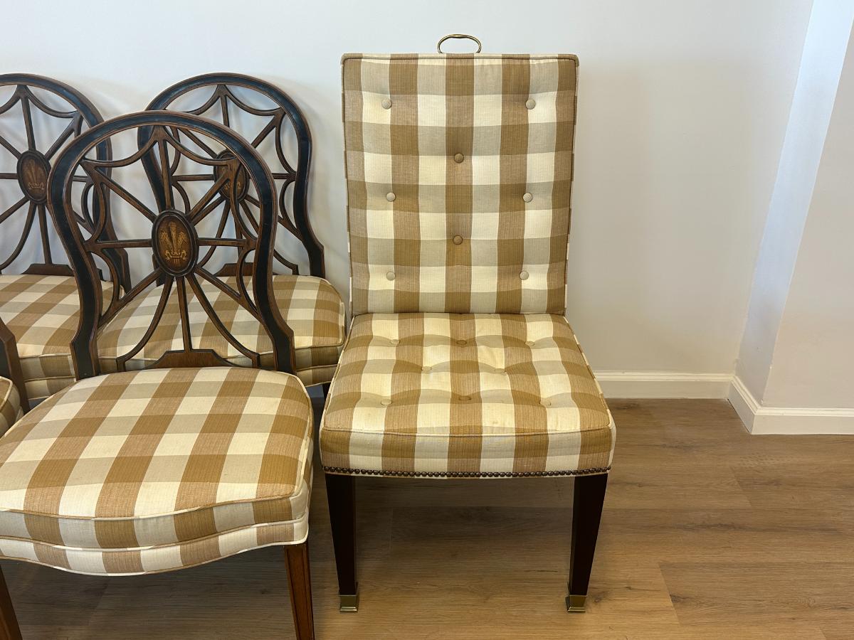 Vintage Wooden Spider Chairs and Upholstered Armchairs in Buffalo Check, Set of 6