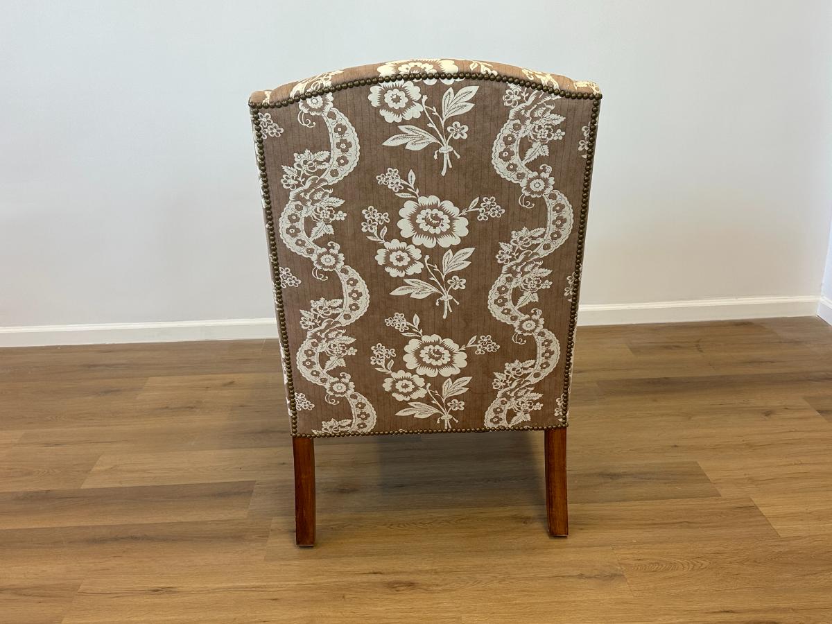 Wing Chair in Brown and White Floral Fabric and Nailhead Detail