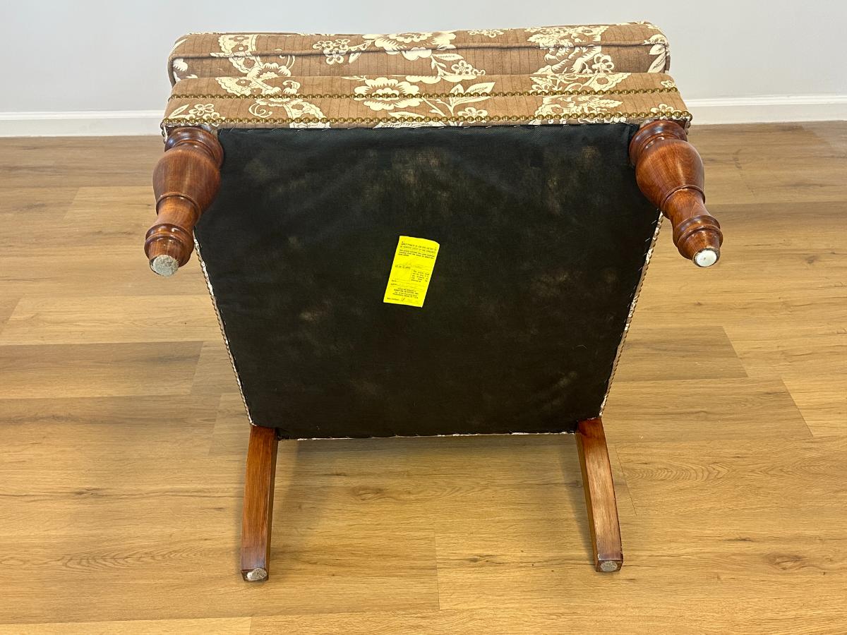 Wing Chair in Brown and White Floral Fabric and Nailhead Detail