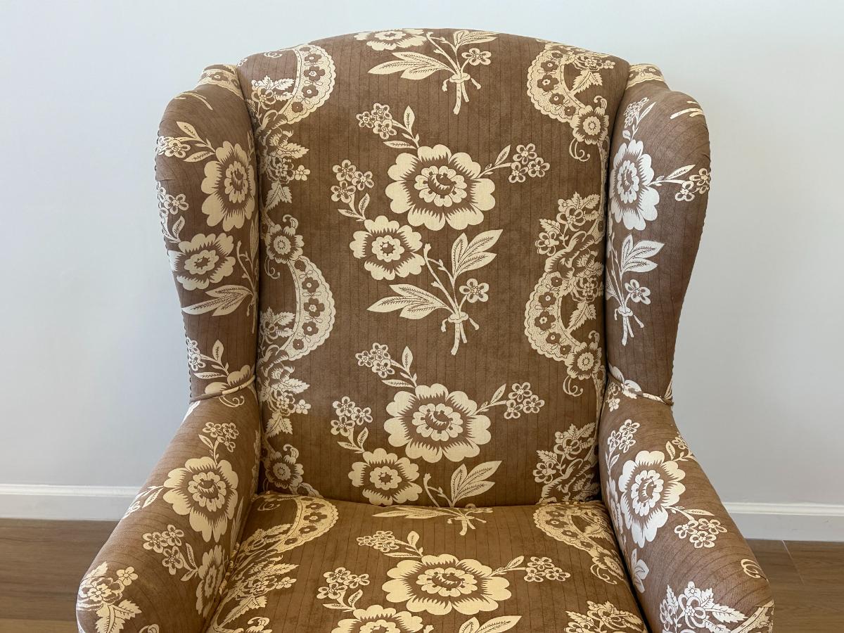 Wing Chair in Brown and White Floral Fabric and Nailhead Detail
