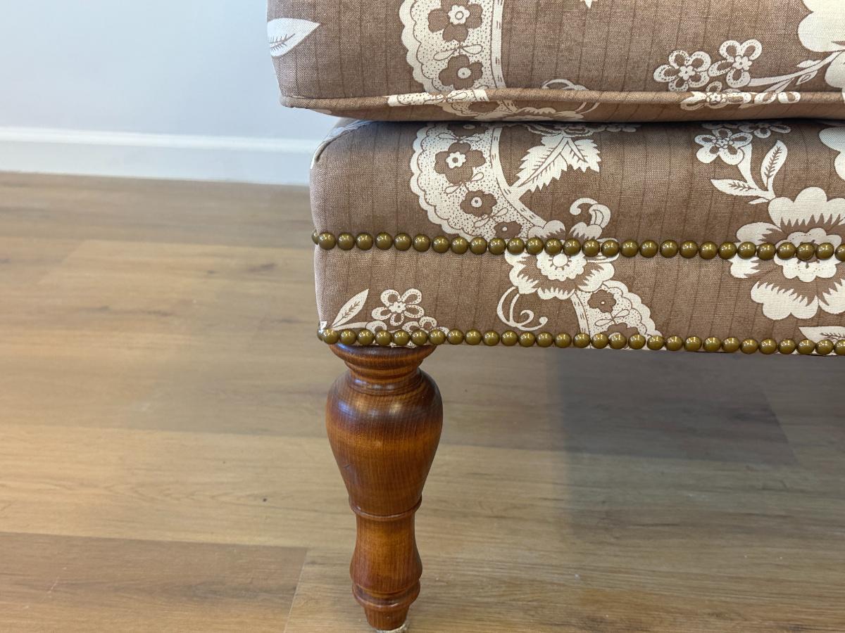 Wing Chair in Brown and White Floral Fabric and Nailhead Detail