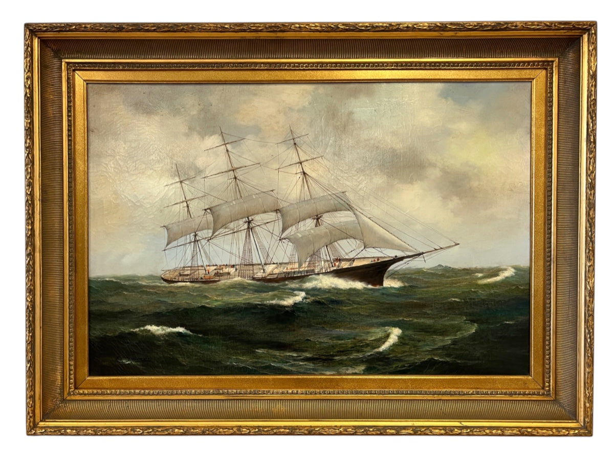 Large 20th Century Maritime Oil Painting of a Clipper Ship, Signed R. Sanders