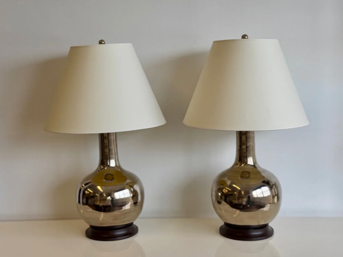 Christopher Spitzmiller Signed Large Gourd Table Lamps in Platinum Luster, Pair