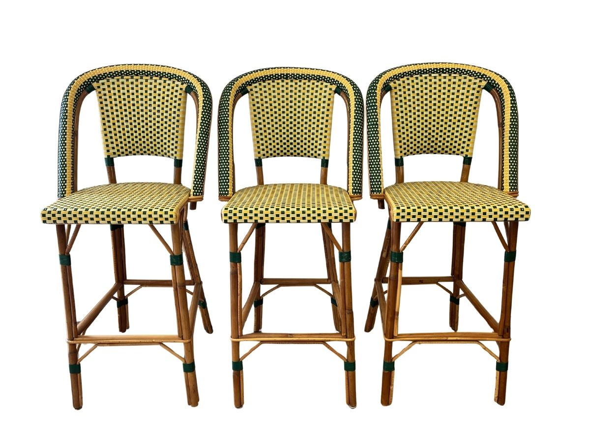Maison Louis Drucker “Sévigné” Rattan Bistro Barstools, Set of 3