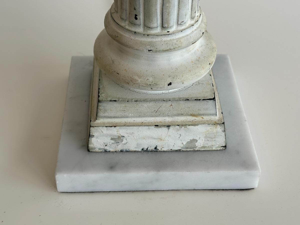 White Column Table Lamps with Pleated Shades, Pair