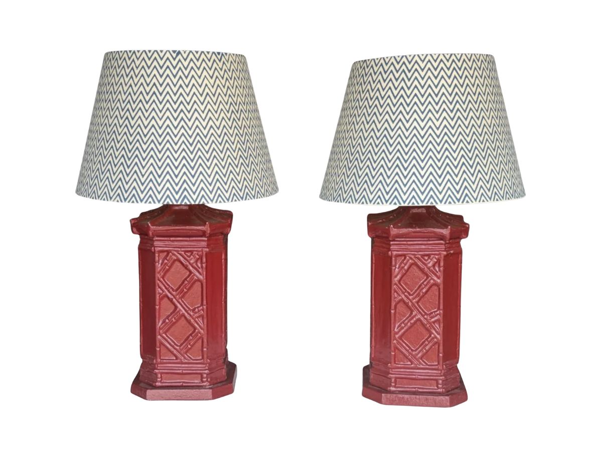 Red Faux-Bamboo Painted Pagoda Lamps with Chevron Shades