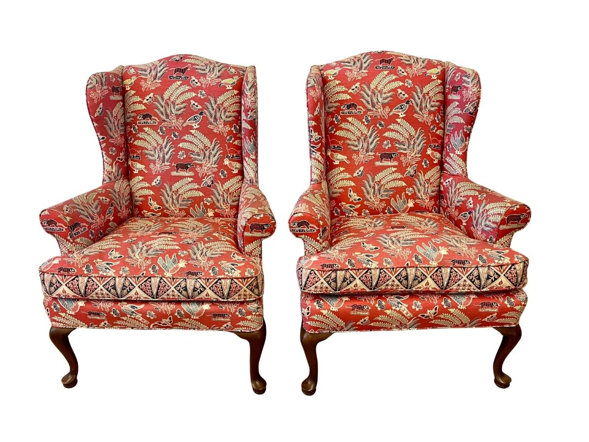Queen Anne Wing Chairs in China Seas Malay Batik Fabric, Pair