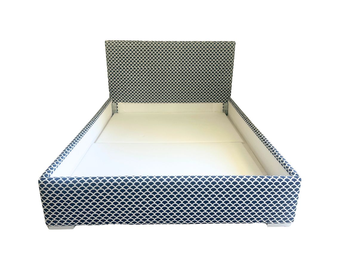 Custom Blue & White Upholstered Queen Bed