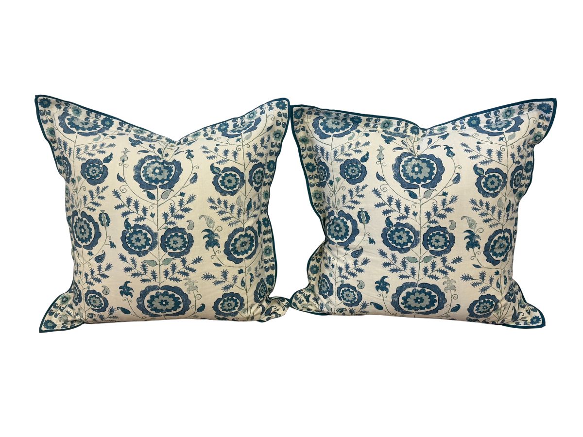 Penny Morrison Simla Blue Euro Pillows and Queen Bedskirt