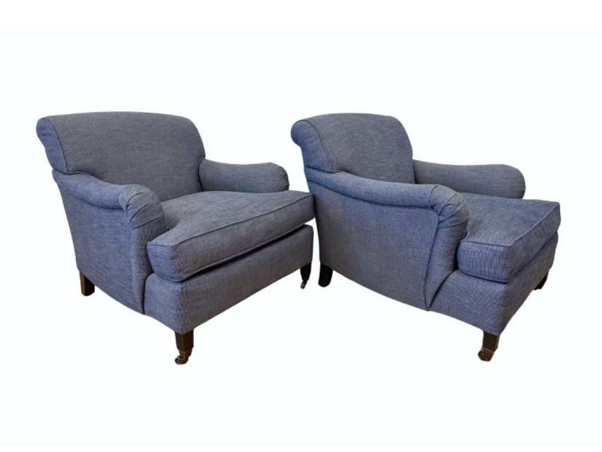 Custom English Roll Arm Club Chairs on Casters, Pair