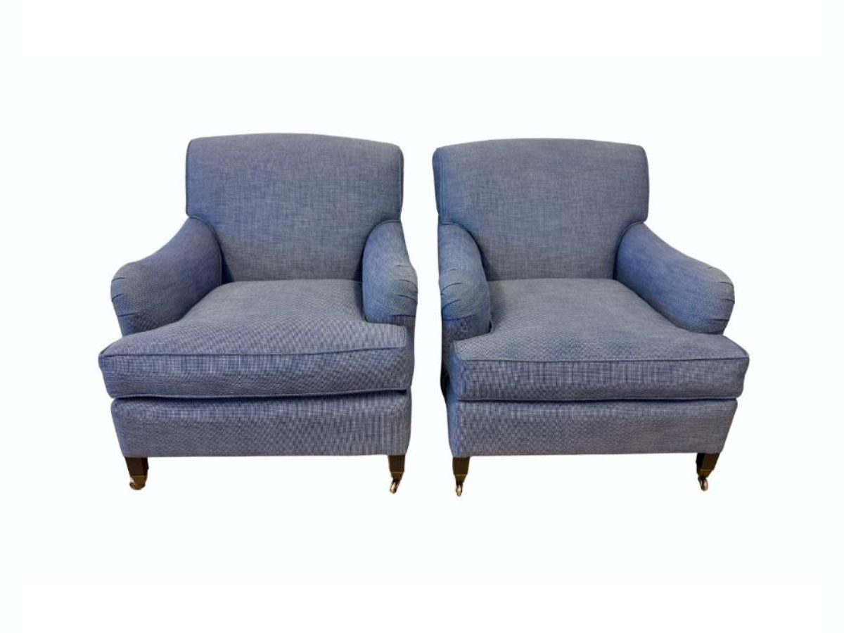 Custom English Roll Arm Club Chairs on Casters, Pair