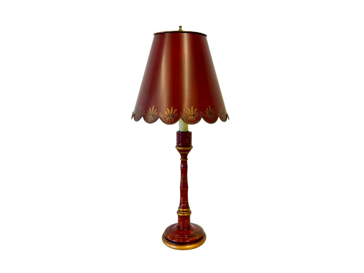Petite Red Chinoiserie Candlestick Lamp with Tole Shade