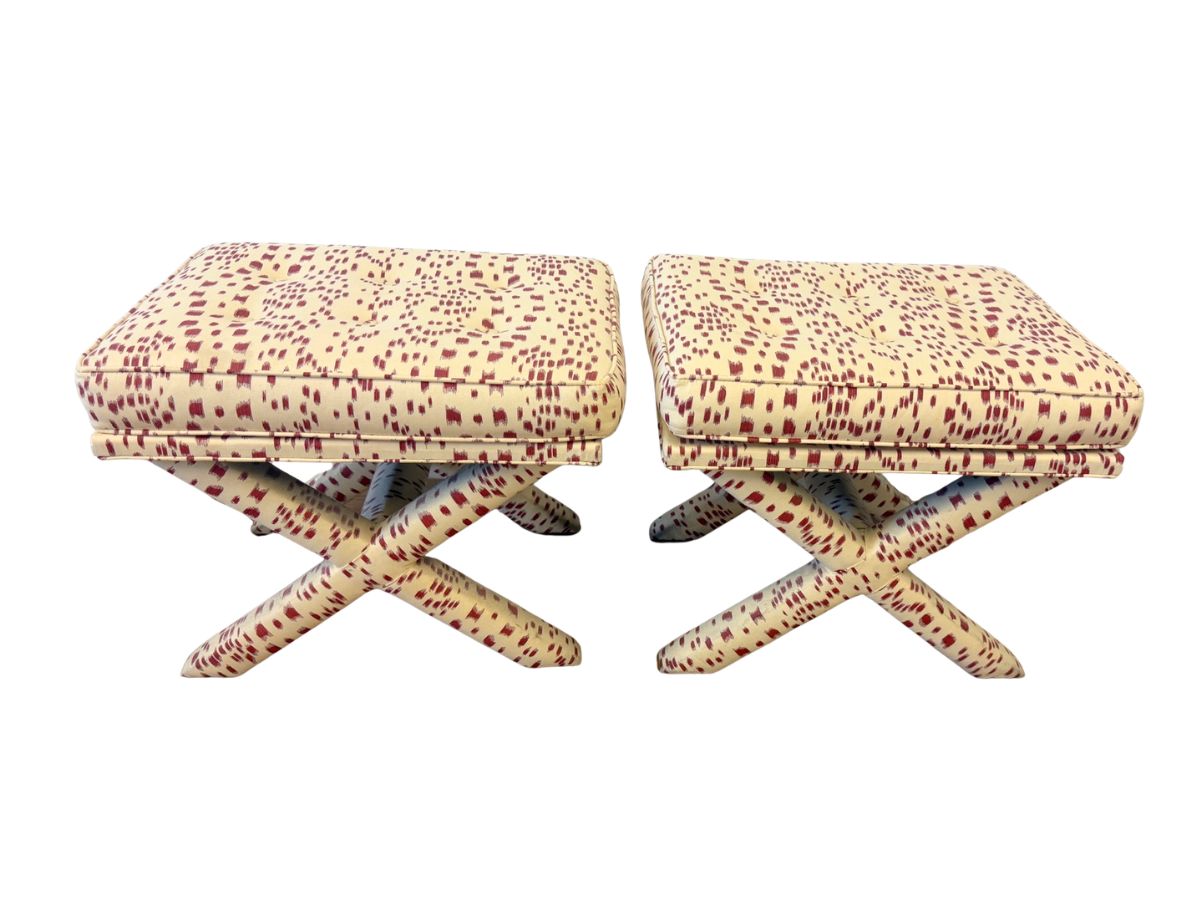 Custom Upholstered X Benches in Brunschwig & Fils Les Touches, Pair