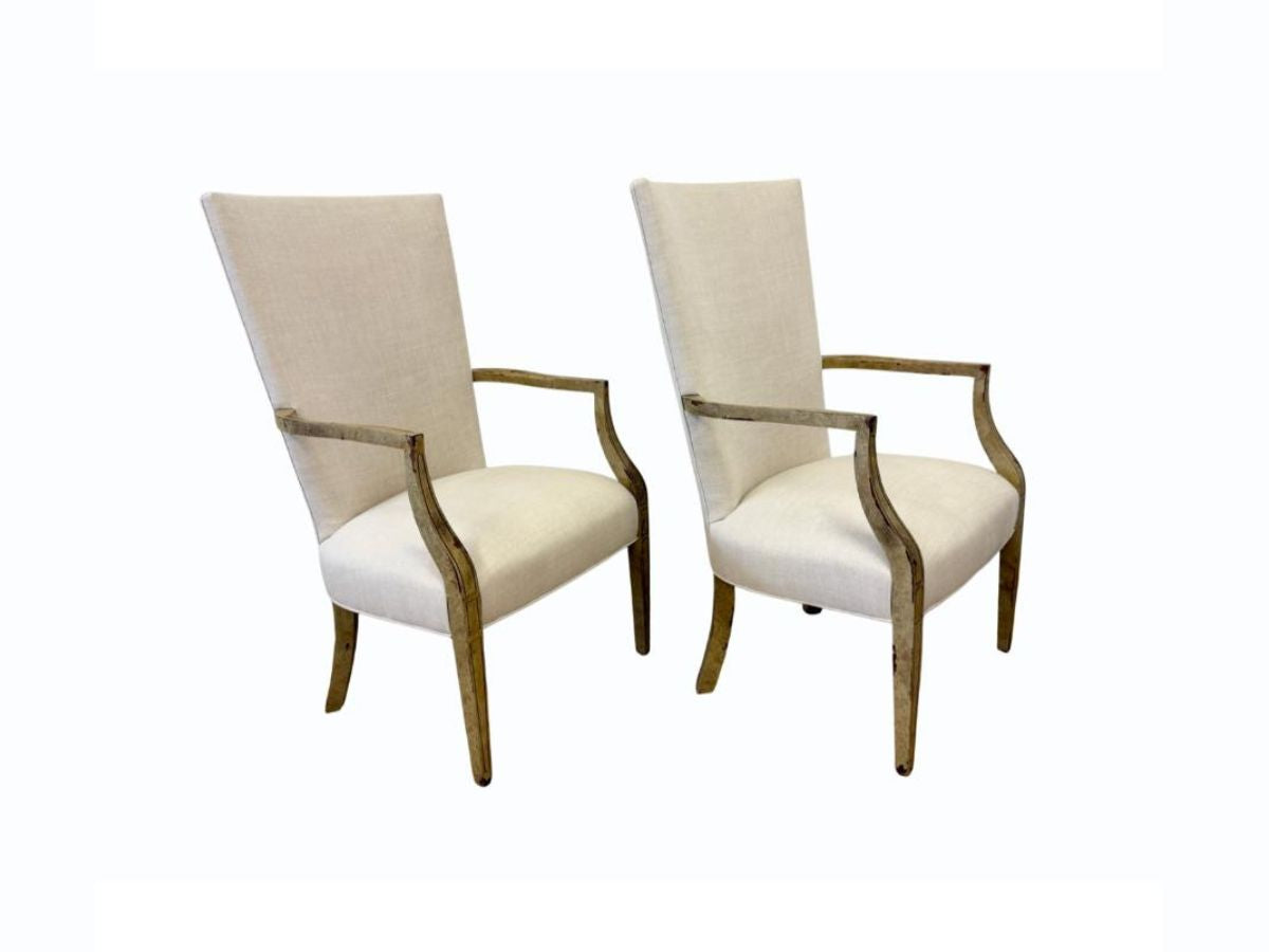 Custom High Back Linen Arm Chairs, Pair