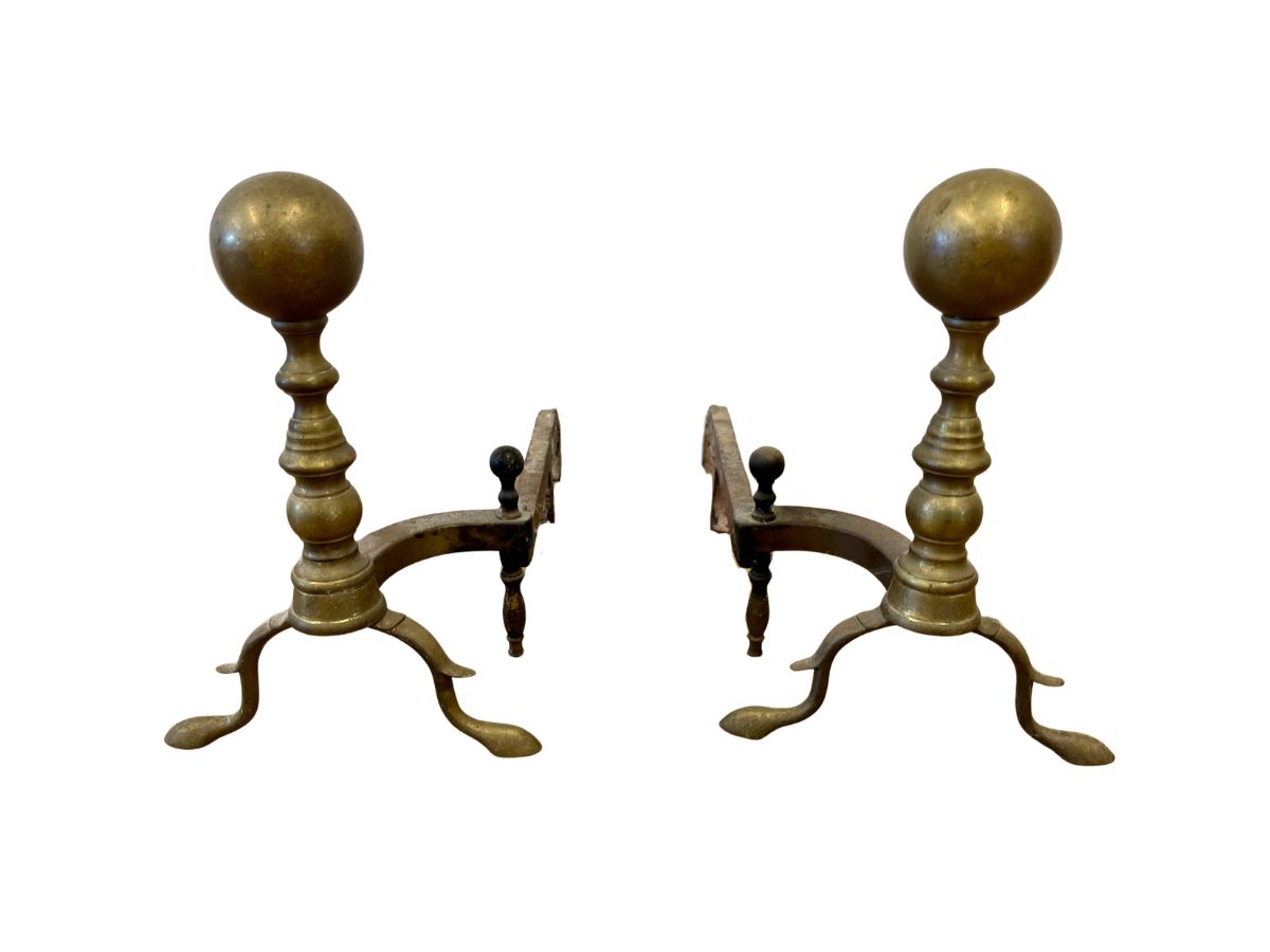 Antique 19th C Federal Brass Cannonball Bed Chamber Andirons
