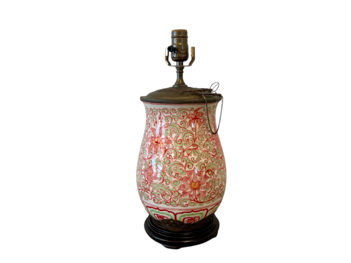 Chinese-Style Floral Porcelain Table Lamp on Wood Base