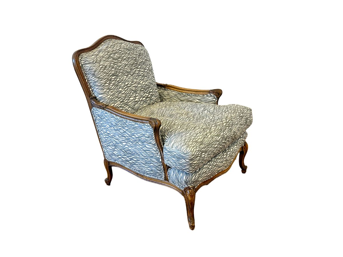 Antique Down Filled Louis XV Style Bergere in Rena Barsanti Fabric