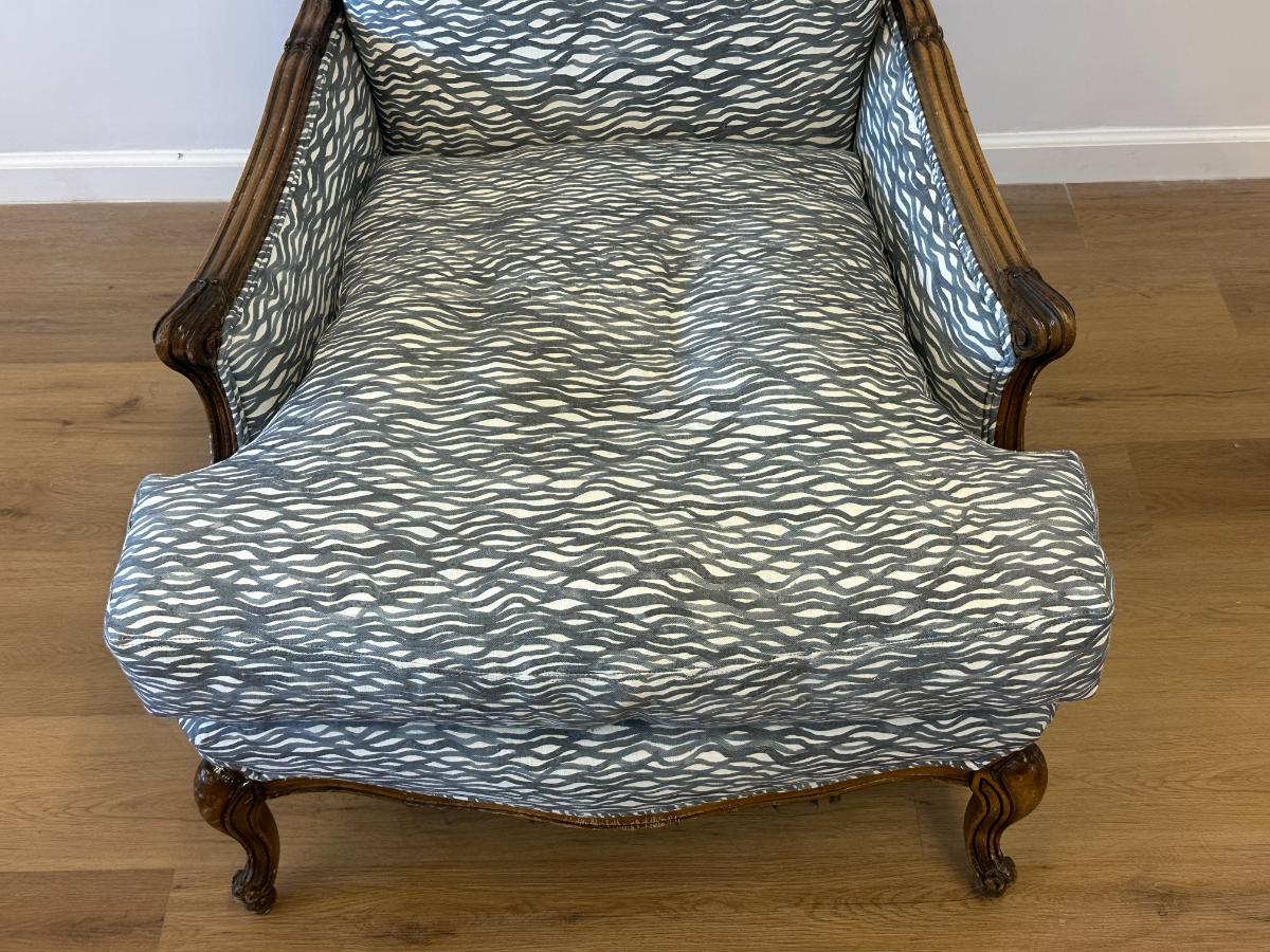 Antique Down Filled Louis XV Style Bergere in Rena Barsanti Fabric