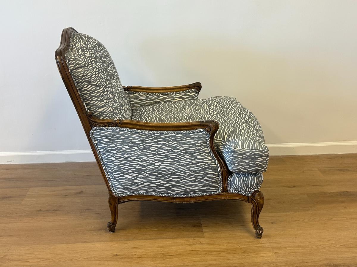 Antique Down Filled Louis XV Style Bergere in Rena Barsanti Fabric