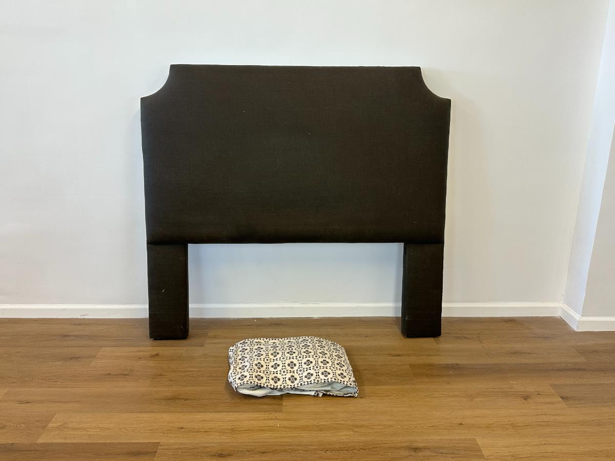 Dark Brown Upholstered Queen Headboard & Coordinating Bedskirt