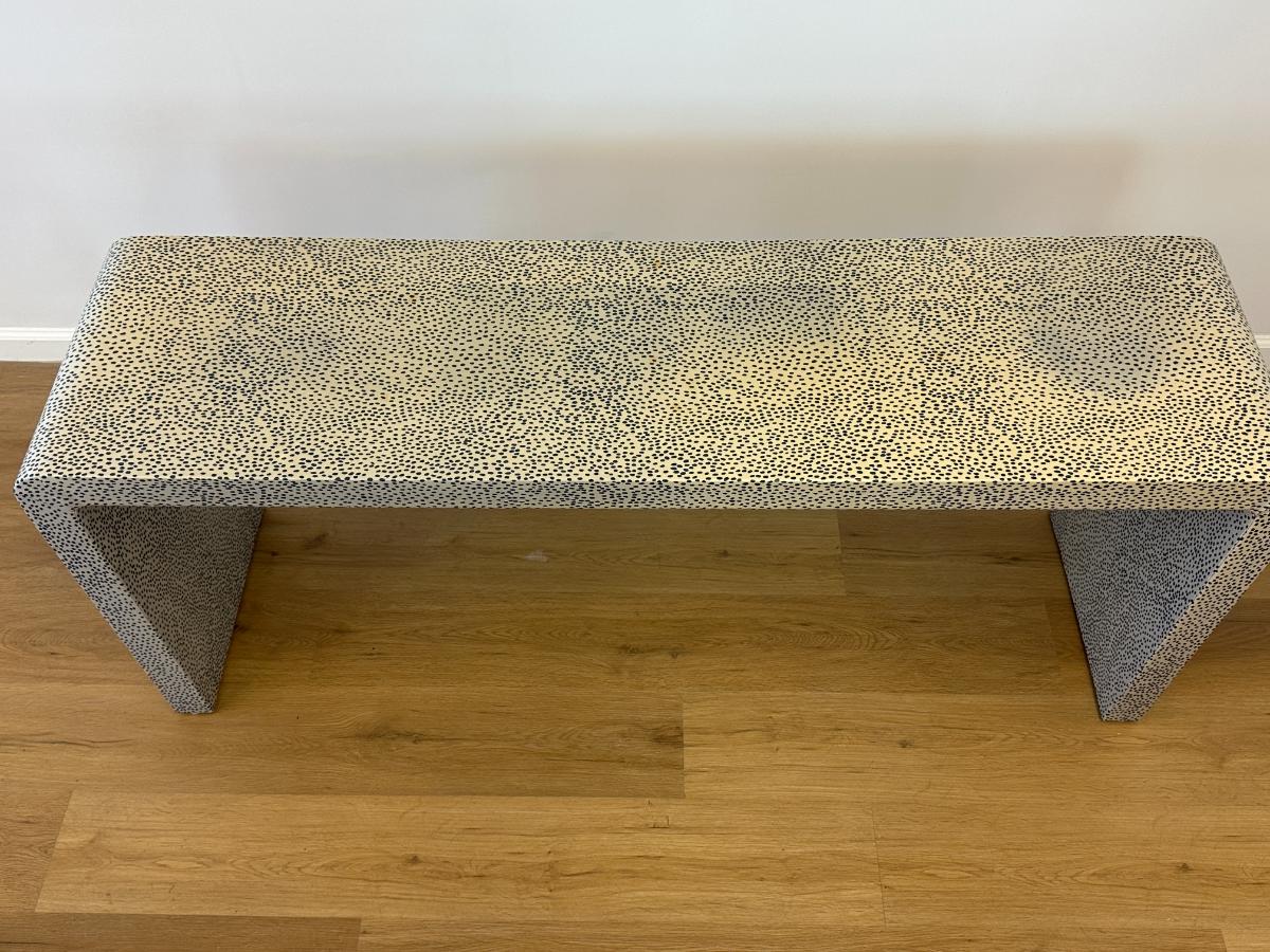 Custom Wrapped Blue and White Low Waterfall Console Table