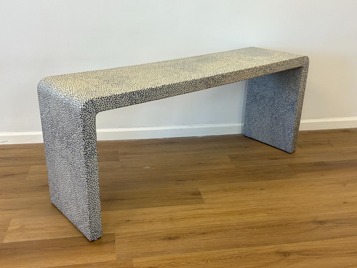 Custom Wrapped Blue and White Low Waterfall Console Table