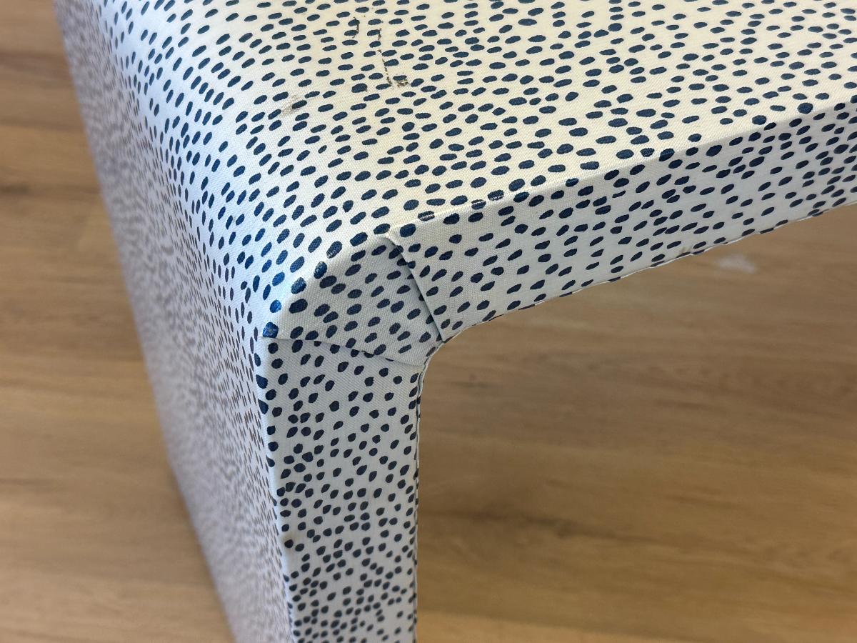 Custom Wrapped Blue and White Low Waterfall Console Table