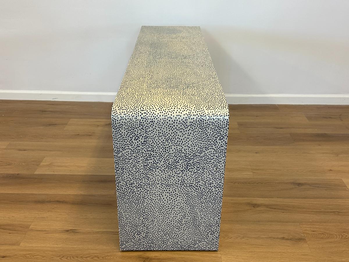 Custom Wrapped Blue and White Low Waterfall Console Table