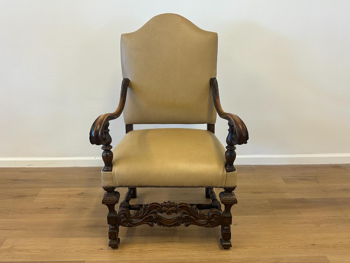 Antique Leather Upholstered Throne Arm Chair