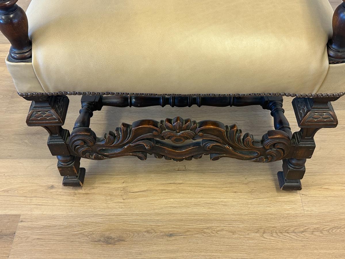 Antique Leather Upholstered Throne Arm Chair