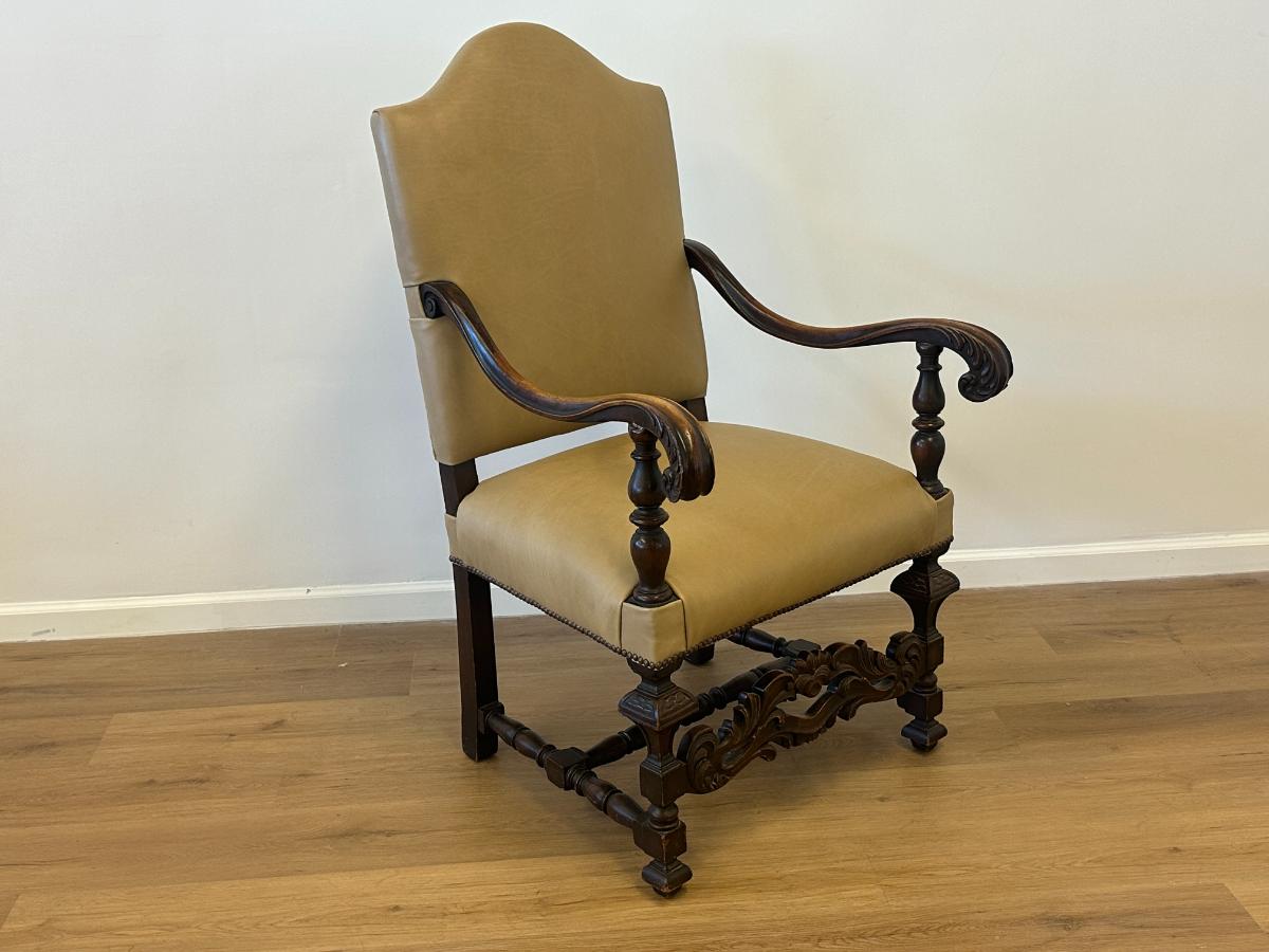 Antique Leather Upholstered Throne Arm Chair