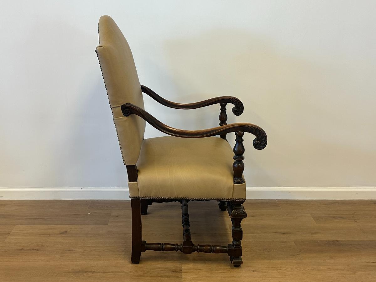 Antique Leather Upholstered Throne Arm Chair