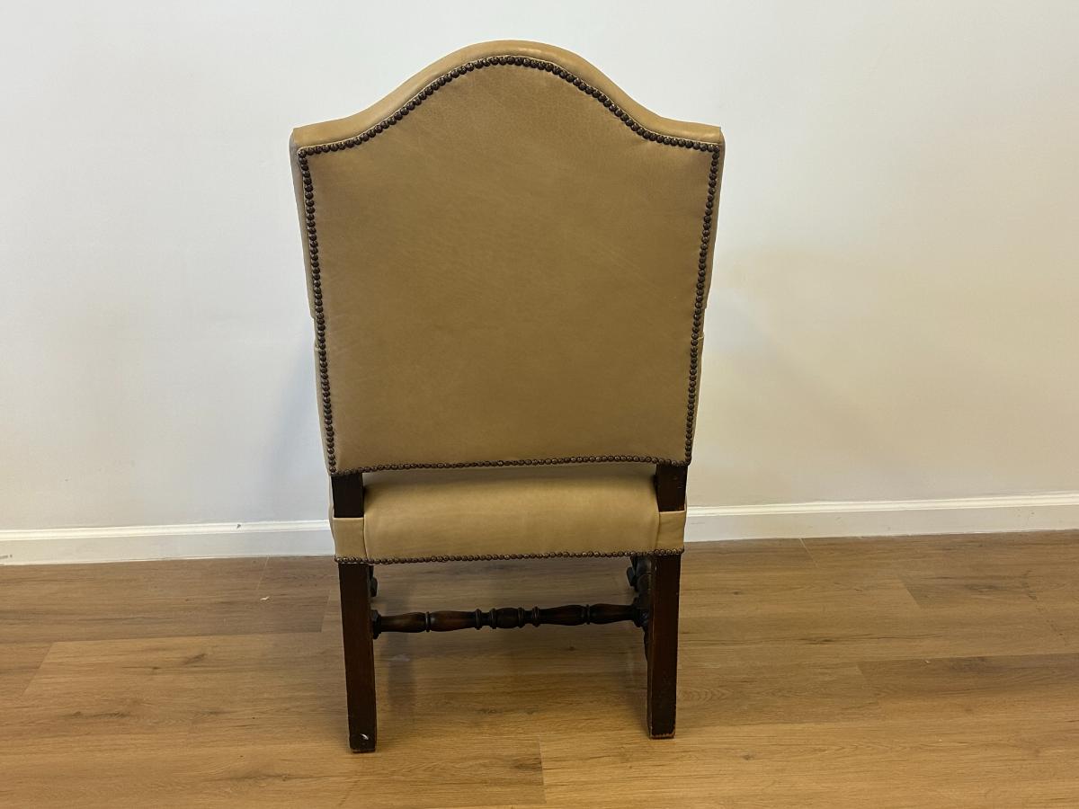 Antique Leather Upholstered Throne Arm Chair