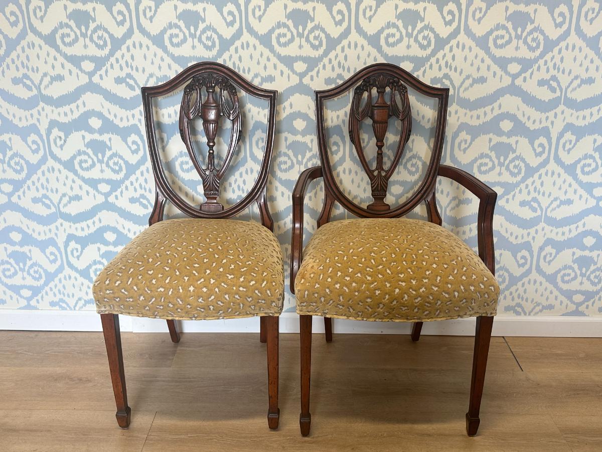 Custom Upholstered Shield Back Dining Chairs, Set of 10