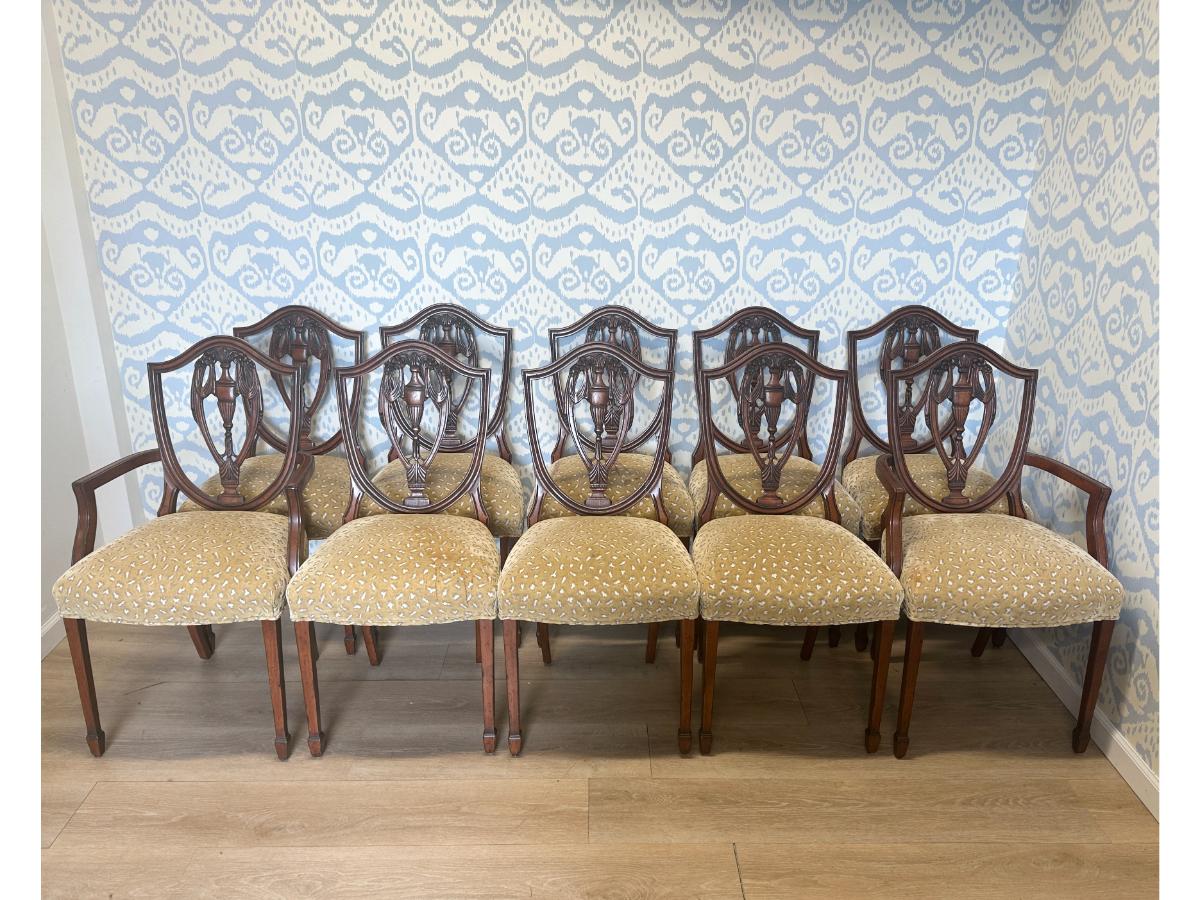 Custom Upholstered Shield Back Dining Chairs, Set of 10